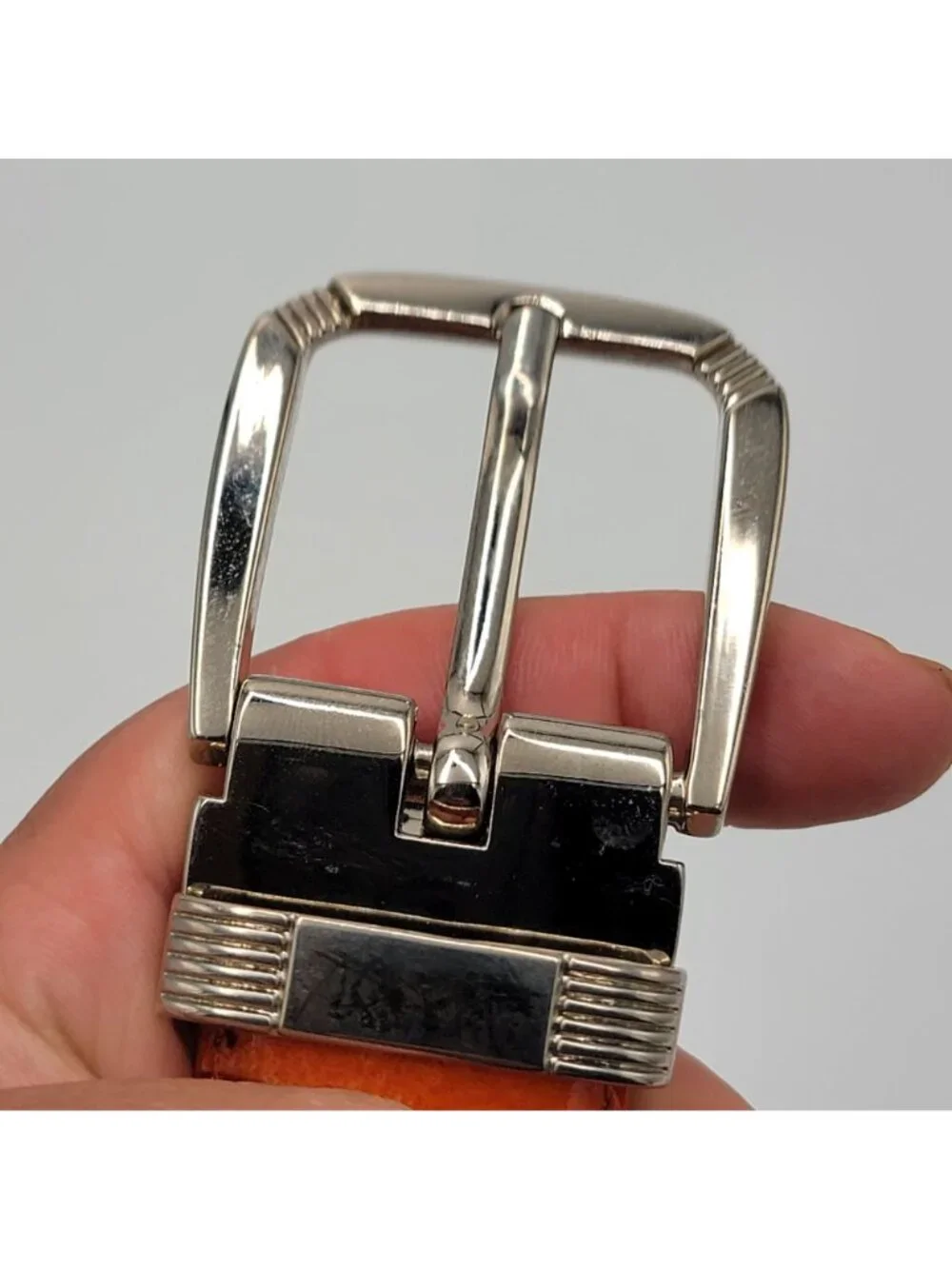 Orange Crocodile-Embossed Genuine Leather Belt With Silver-Tone Buckle
